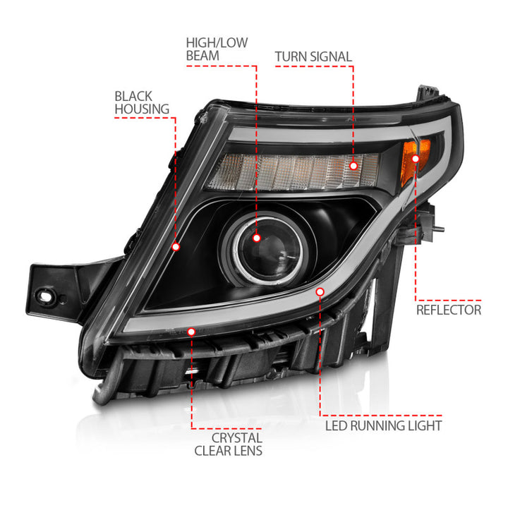 ANZO 11-15 Ford Explorer (w/Factory Halogen HL Only) Projector Headlights w/Light Bar Black Housing - Bull Strap