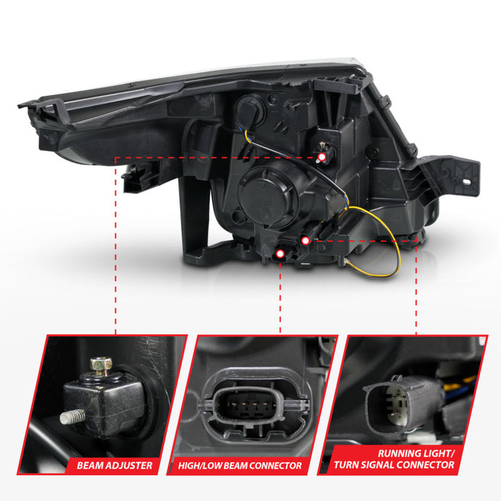 ANZO 11-15 Ford Explorer (w/Factory Halogen HL Only) Projector Headlights w/Light Bar Black Housing - Bull Strap