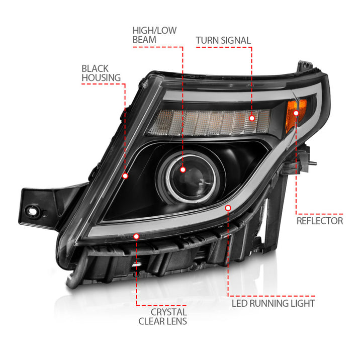 ANZO 11-15 Ford Explorer (w/Factory Halogen HL Only) Projector Headlights w/Light Bar Black Housing - Bull Strap