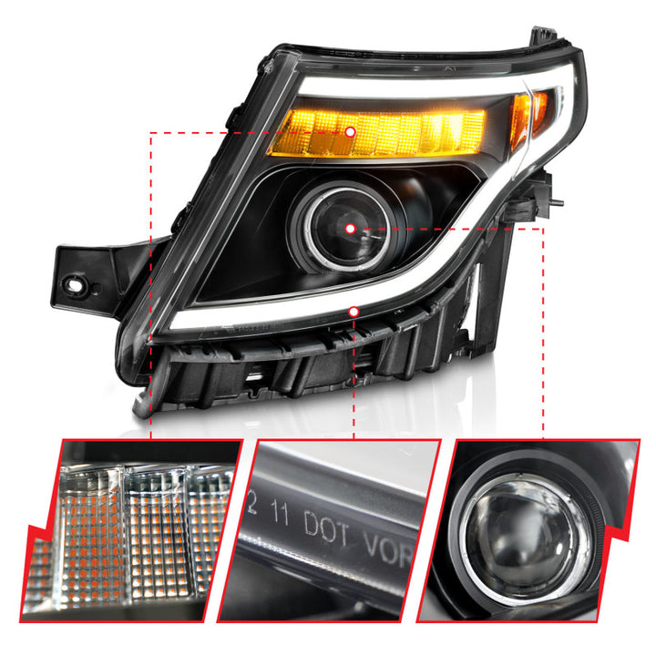 ANZO 11-15 Ford Explorer (w/Factory Halogen HL Only) Projector Headlights w/Light Bar Black Housing - Bull Strap