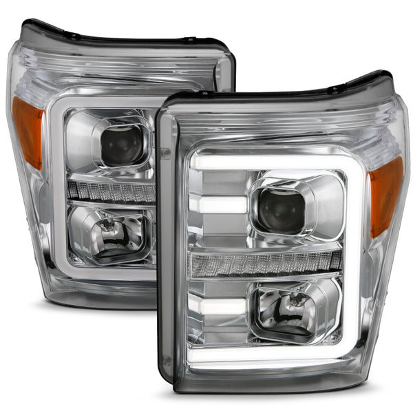 ANZO 11-16 Ford F-250/F-350/F-450 Projector Headlights w/ Plank Style Switchback Chrome w/Amber - Bull Strap