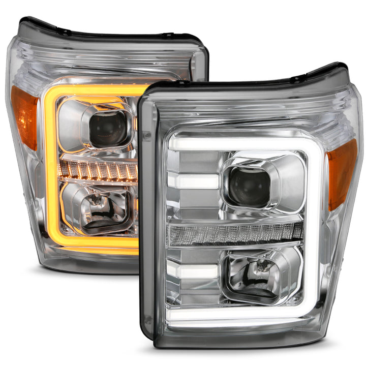 ANZO 11-16 Ford F-250/F-350/F-450 Projector Headlights w/ Plank Style Switchback Chrome w/Amber - Bull Strap