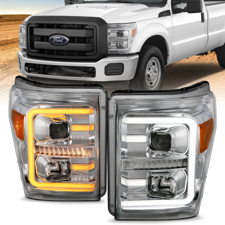 ANZO 11-16 Ford F-250/F-350/F-450 Projector Headlights w/ Plank Style Switchback Chrome w/Amber - Bull Strap