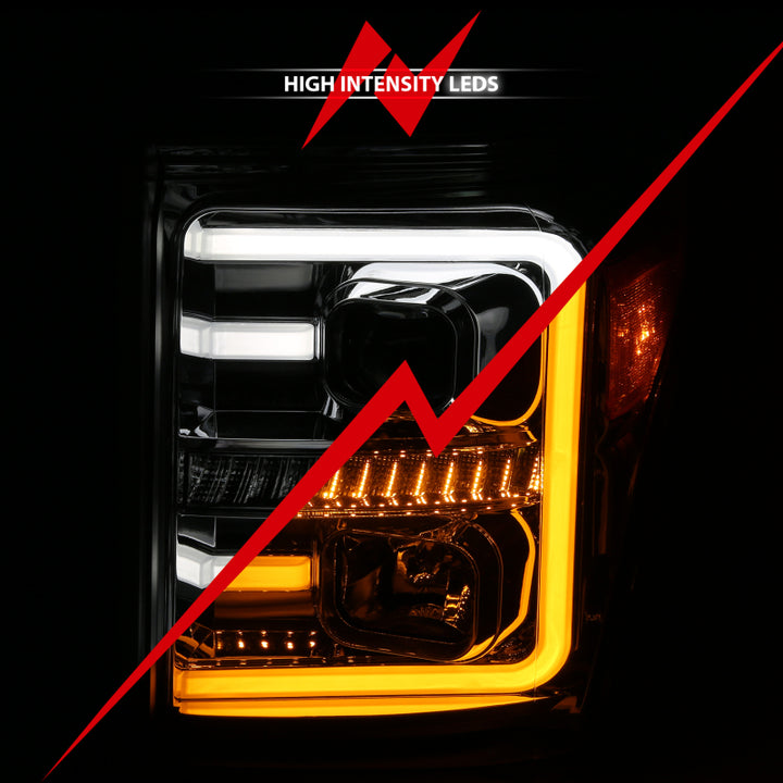 ANZO 11-16 Ford F-250/F-350/F-450 Projector Headlights w/ Plank Style Switchback Chrome w/Amber - Bull Strap