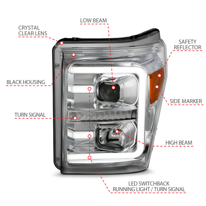 ANZO 11-16 Ford F-250/F-350/F-450 Projector Headlights w/ Plank Style Switchback Chrome w/Amber - Bull Strap