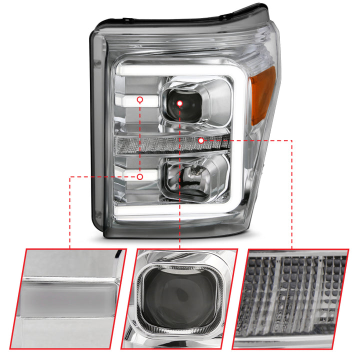 ANZO 11-16 Ford F-250/F-350/F-450 Projector Headlights w/ Plank Style Switchback Chrome w/Amber - Bull Strap