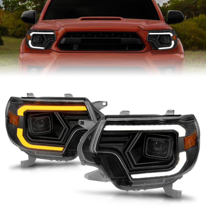 ANZO 12-15 Toyota Tacoma Projector Headlights - w/ Light Bar Switchback Black Housing - Bull Strap