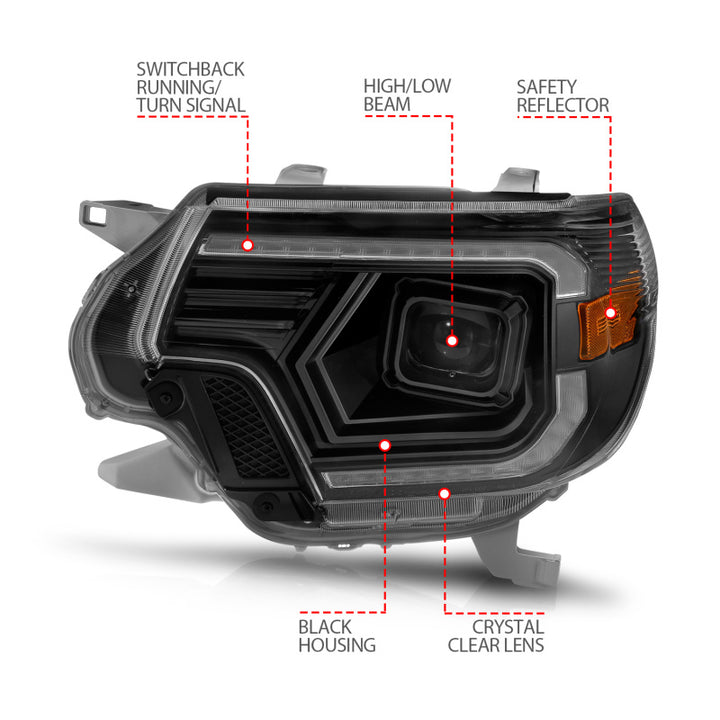 ANZO 12-15 Toyota Tacoma Projector Headlights - w/ Light Bar Switchback Black Housing - Bull Strap