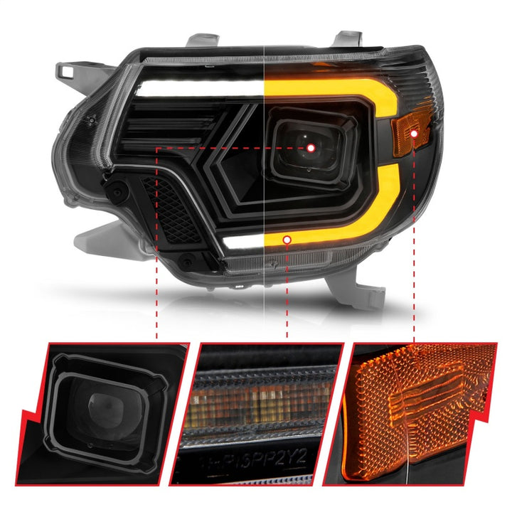 ANZO 12-15 Toyota Tacoma Projector Headlights - w/ Light Bar Switchback Black Housing - Bull Strap