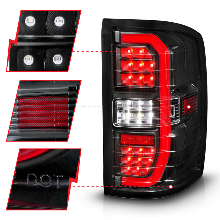 ANZO 14-18 GMC Sierra 1500 Full LED Taillights Black Housing Clear Lens (w/C Light Bars) - Bull Strap