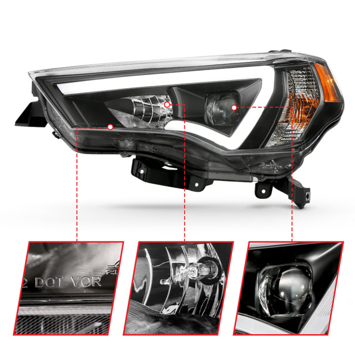 ANZO 14-18 Toyota 4 Runner Plank Style Projector Headlights Black w/ Amber - Bull Strap