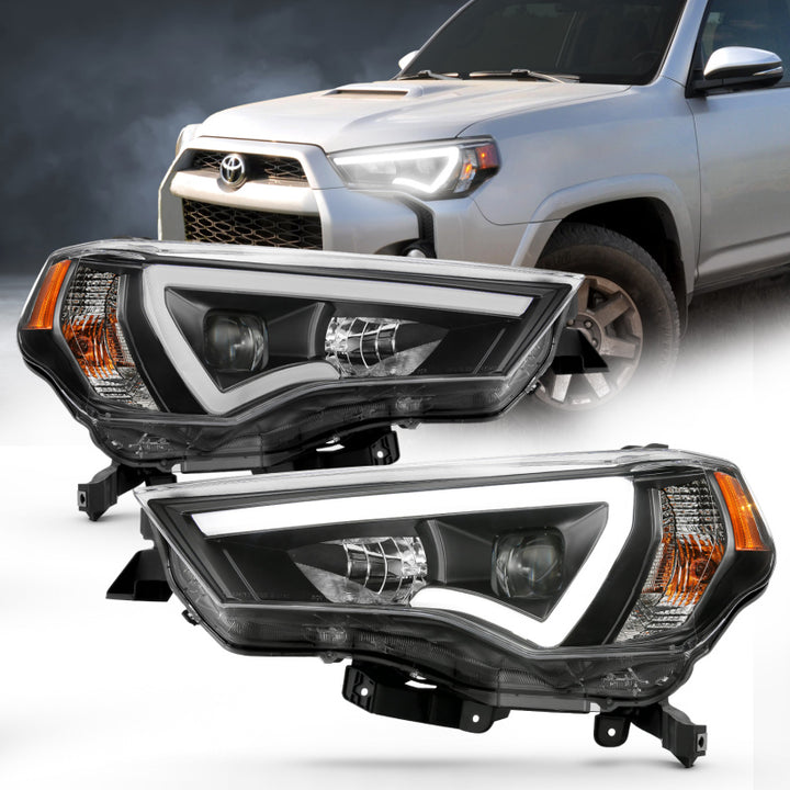 ANZO 14-18 Toyota 4 Runner Plank Style Projector Headlights Black w/ Amber - Bull Strap