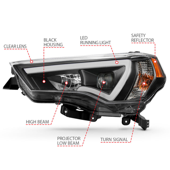 ANZO 14-18 Toyota 4 Runner Plank Style Projector Headlights Black w/ Amber - Bull Strap