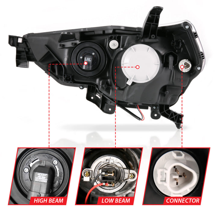 ANZO 14-18 Toyota 4 Runner Plank Style Projector Headlights Black w/ Amber - Bull Strap