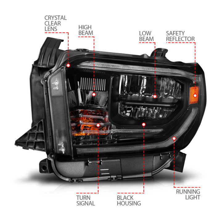 ANZO 14-21 Toyota Tundra (OE Halogen w/LED DRL) LED Crystal Headlights w/ Switchback & DRL - Blk - Bull Strap