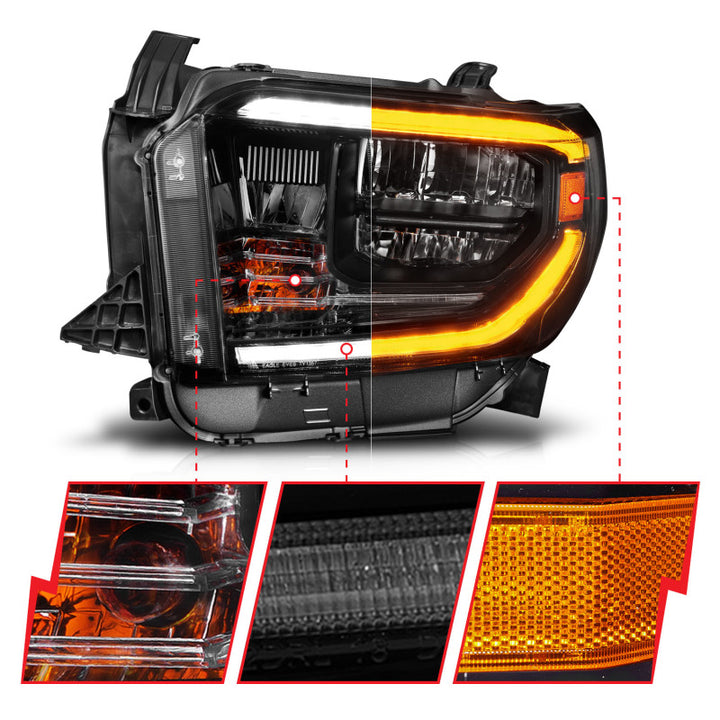 ANZO 14-21 Toyota Tundra (OE Halogen w/LED DRL) LED Crystal Headlights w/ Switchback & DRL - Blk - Bull Strap