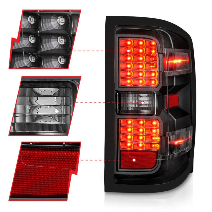 ANZO 15-19 Chevy Silverado 2500HD/3500HD (Factory Halogen Only) LED Tail Lights Black w/Clear Lens - Bull Strap