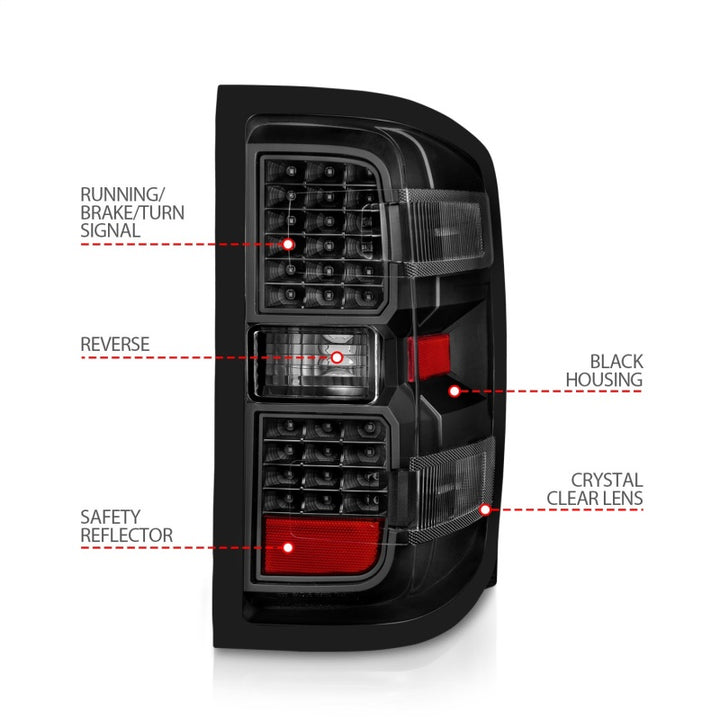 ANZO 15-19 Chevy Silverado 2500HD/3500HD (Factory Halogen Only) LED Tail Lights Black w/Clear Lens - Bull Strap