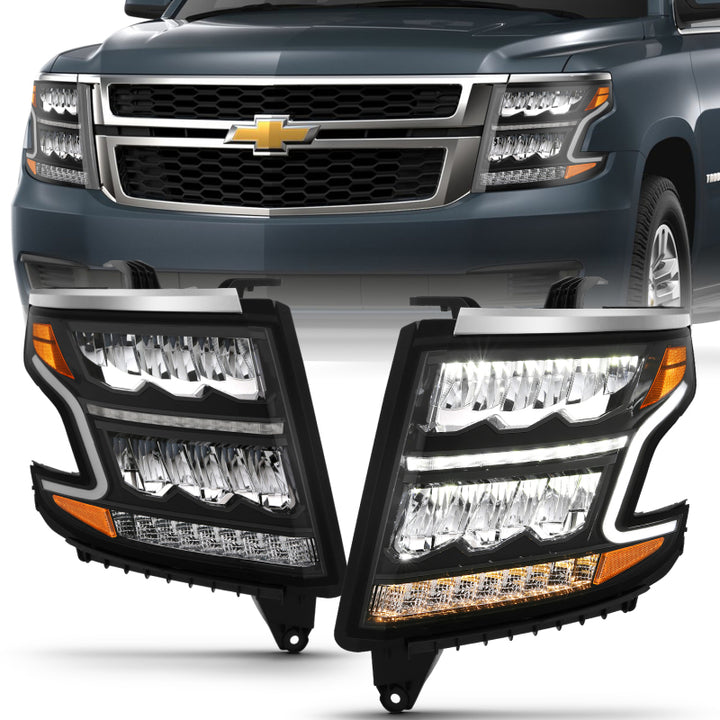 ANZO 15-20 Chevy Tahoe/Suburban LED Light Bar Style Headlights Black w/Sequential w/DRL w/Amber - Bull Strap
