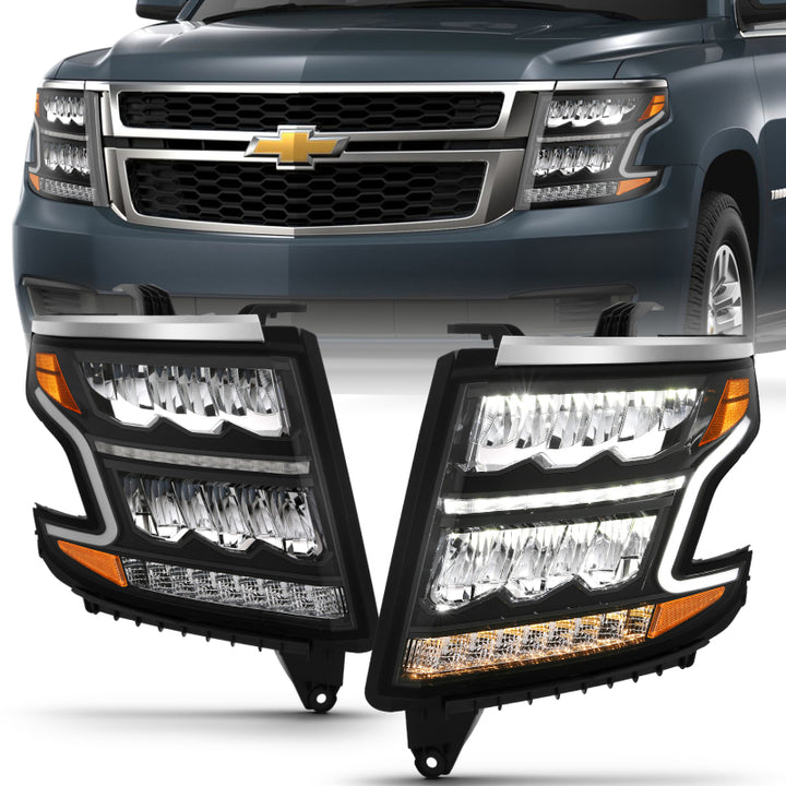 ANZO 15-20 Chevy Tahoe/Suburban LED Light Bar Style Headlights Black w/Sequential w/DRL w/Amber - Bull Strap