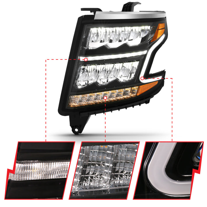 ANZO 15-20 Chevy Tahoe/Suburban LED Light Bar Style Headlights Black w/Sequential w/DRL w/Amber - Bull Strap