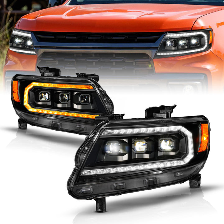 ANZO 15-22 Chevy Colorado Blk Housing Full LED DRL Projector Headlight w/ Sequential Light Bar - Bull Strap