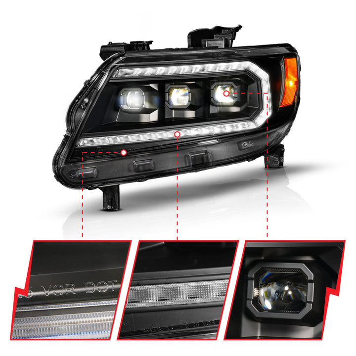 ANZO 15-22 Chevy Colorado Blk Housing Full LED DRL Projector Headlight w/ Sequential Light Bar - Bull Strap
