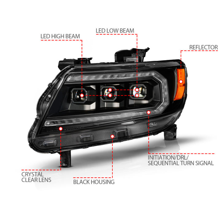 ANZO 15-22 Chevy Colorado Blk Housing Full LED DRL Projector Headlight w/ Sequential Light Bar - Bull Strap