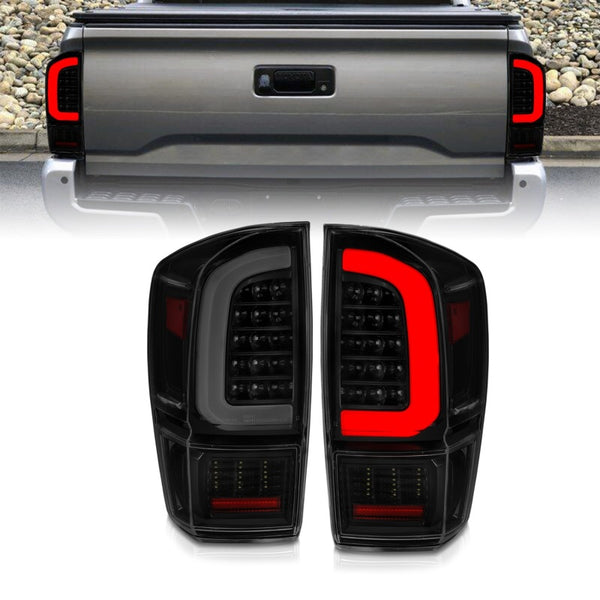 ANZO 16-21 Toyota Tacoma LED Tail Lights - w/ Light Bar Sequential Black Housing & Smoke Lens - Bull Strap
