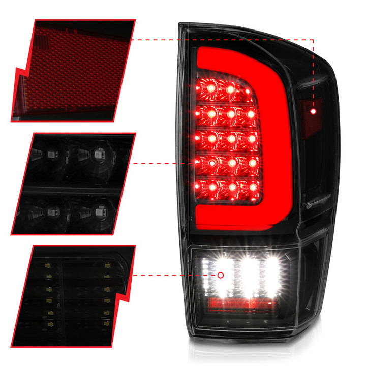 ANZO 16-21 Toyota Tacoma LED Tail Lights - w/ Light Bar Sequential Black Housing & Smoke Lens - Bull Strap