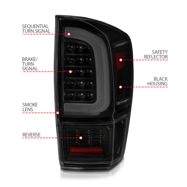 ANZO 16-21 Toyota Tacoma LED Tail Lights - w/ Light Bar Sequential Black Housing & Smoke Lens - Bull Strap