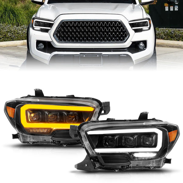 ANZO 16-22 Toyota Tacoma LED Projector Headlights w/ Light Bar Sequential Black Housing w/Initiation - Bull Strap