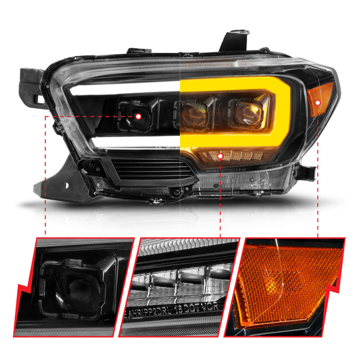 ANZO 16-22 Toyota Tacoma LED Projector Headlights w/ Light Bar Sequential Black Housing w/Initiation - Bull Strap