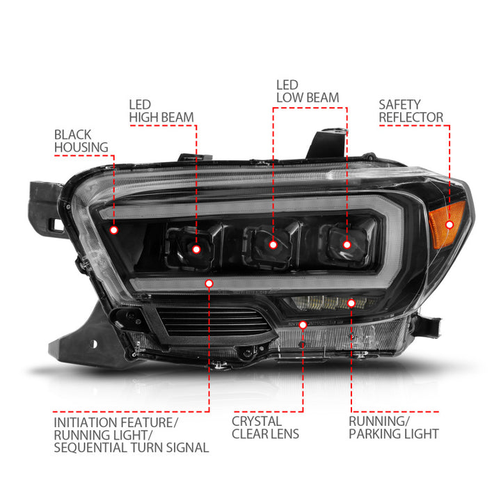 ANZO 16-22 Toyota Tacoma LED Projector Headlights w/ Light Bar Sequential Black Housing w/Initiation - Bull Strap
