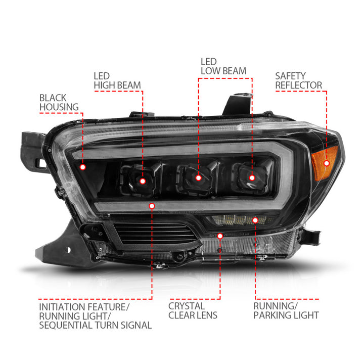 ANZO 16-22 Toyota Tacoma LED Projector Headlights w/ Light Bar Sequential Black Housing w/Initiation - Bull Strap