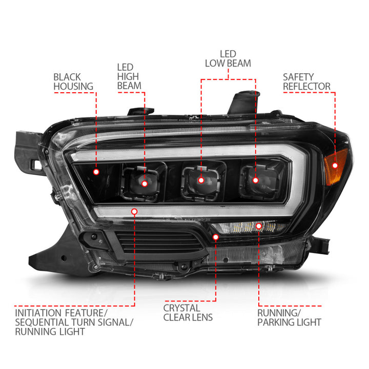ANZO 16-22 Toyota Tacoma SR/SR5 ONLY Full LED Proj Headlights w/Light Bar Seq. Blk w/Initiation Lgt - Bull Strap