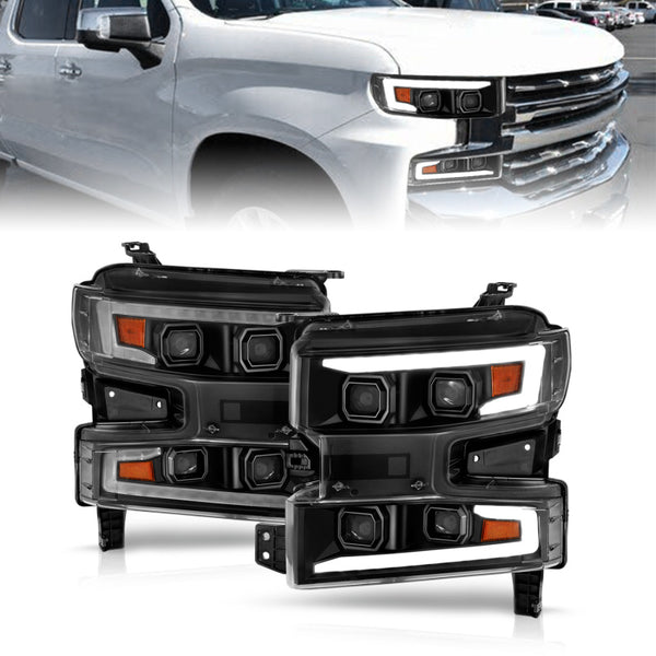 ANZO 19-22 Chevrolet Silverado 1500 LED Proj HL w/Lgt Bar SwBk Seq. Blk w/In. Light - Passenger Side - Bull Strap