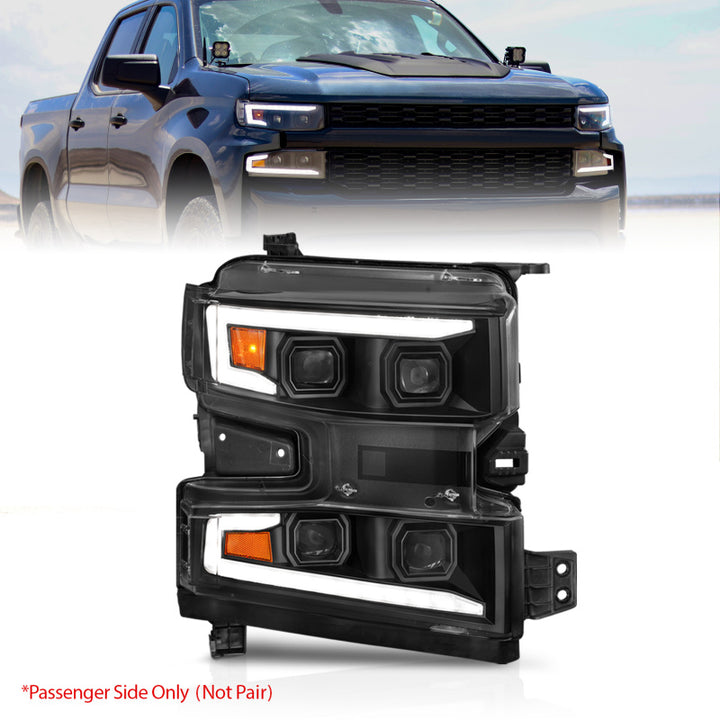 ANZO 19-22 Chevrolet Silverado 1500 LED Proj HL w/Lgt Bar SwBk Seq. Blk w/In. Light - Passenger Side - Bull Strap
