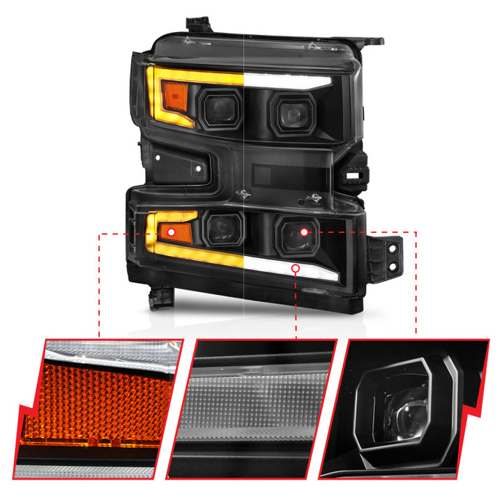 ANZO 19-22 Chevrolet Silverado 1500 LED Proj HL w/Lgt Bar SwBk Seq. Blk w/In. Light - Passenger Side - Bull Strap