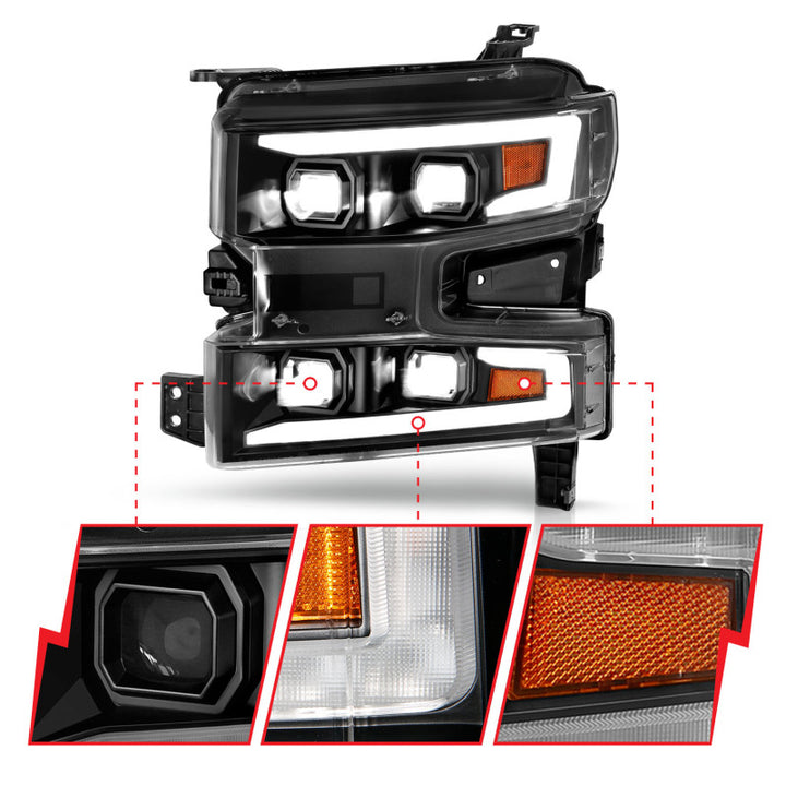 ANZO 19-22 Chevrolet Silverado 1500 LED Proj HL w/Lgt Bar SwBk Seq. Blk w/In. Light - Passenger Side - Bull Strap