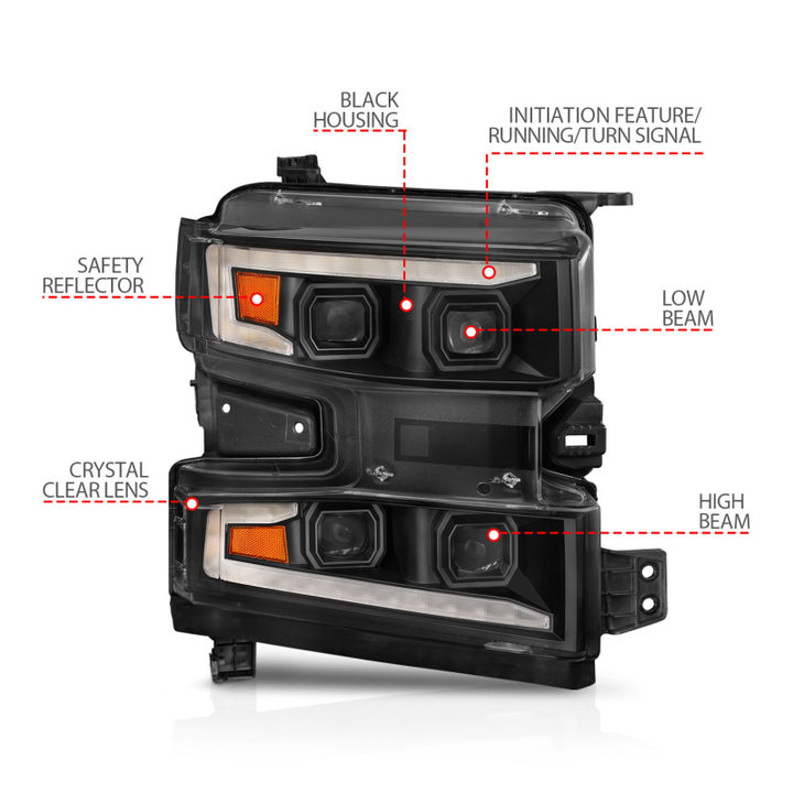 ANZO 19-22 Chevrolet Silverado 1500 LED Proj HL w/Lgt Bar SwBk Seq. Blk w/In. Light - Passenger Side - Bull Strap