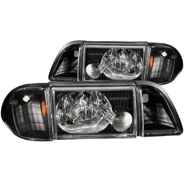 ANZO 1987-1993 Ford Mustang Crystal Headlights Black w/ Corner Lights 3pc - Bull Strap