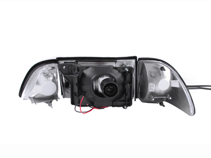 ANZO 1987-1993 Ford Mustang Crystal Headlights Black w/ Corner Lights 3pc - Bull Strap
