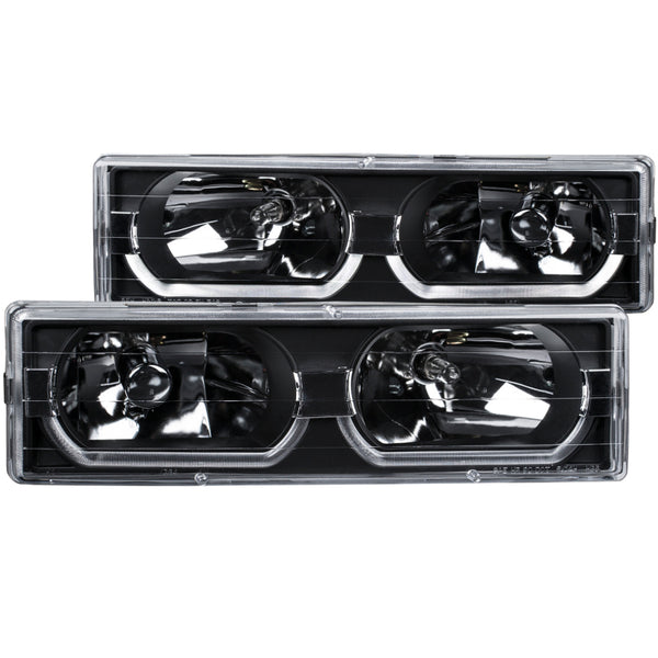 ANZO 1988-1998 Chevrolet C1500 Crystal Headlights Black w/ Low - Brow - Bull Strap