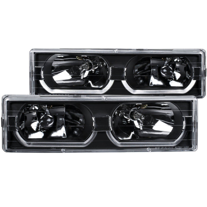 ANZO 1988-1998 Chevrolet C1500 Crystal Headlights Black w/ Low - Brow - Bull Strap
