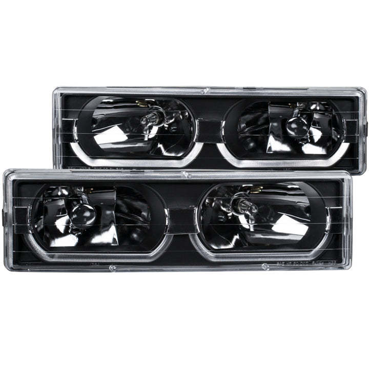 ANZO 1988-1998 Chevrolet C1500 Crystal Headlights Black w/ Low - Brow - Bull Strap