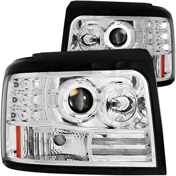 ANZO 1992-1996 Ford F-150 Projector Headlights w/ Halo Chrome w/ Side Markers and Parking Lights - Bull Strap