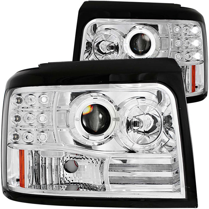 ANZO 1992-1996 Ford F-150 Projector Headlights w/ Halo Chrome w/ Side Markers and Parking Lights - Bull Strap