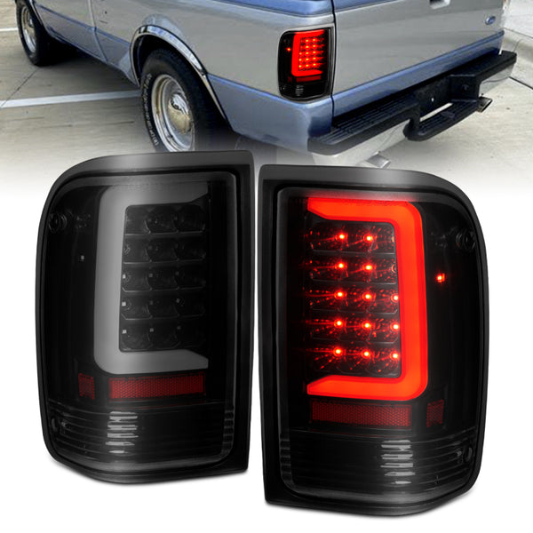 ANZO 1993-1997 Ford  Ranger LED Tail Lights w/ Light Bar Black Housing Smoked Lens - Bull Strap