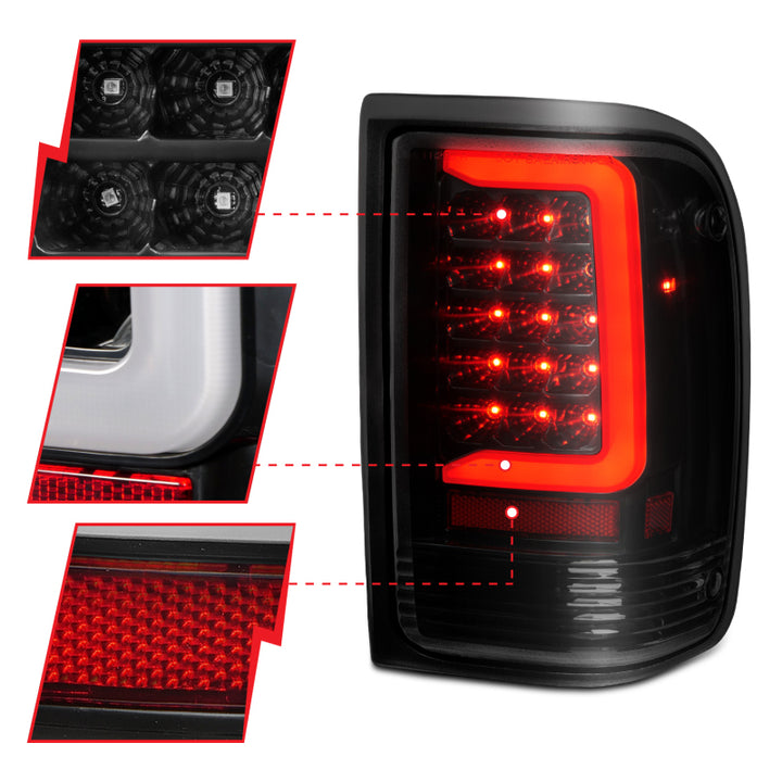ANZO 1993-1997 Ford  Ranger LED Tail Lights w/ Light Bar Black Housing Smoked Lens - Bull Strap